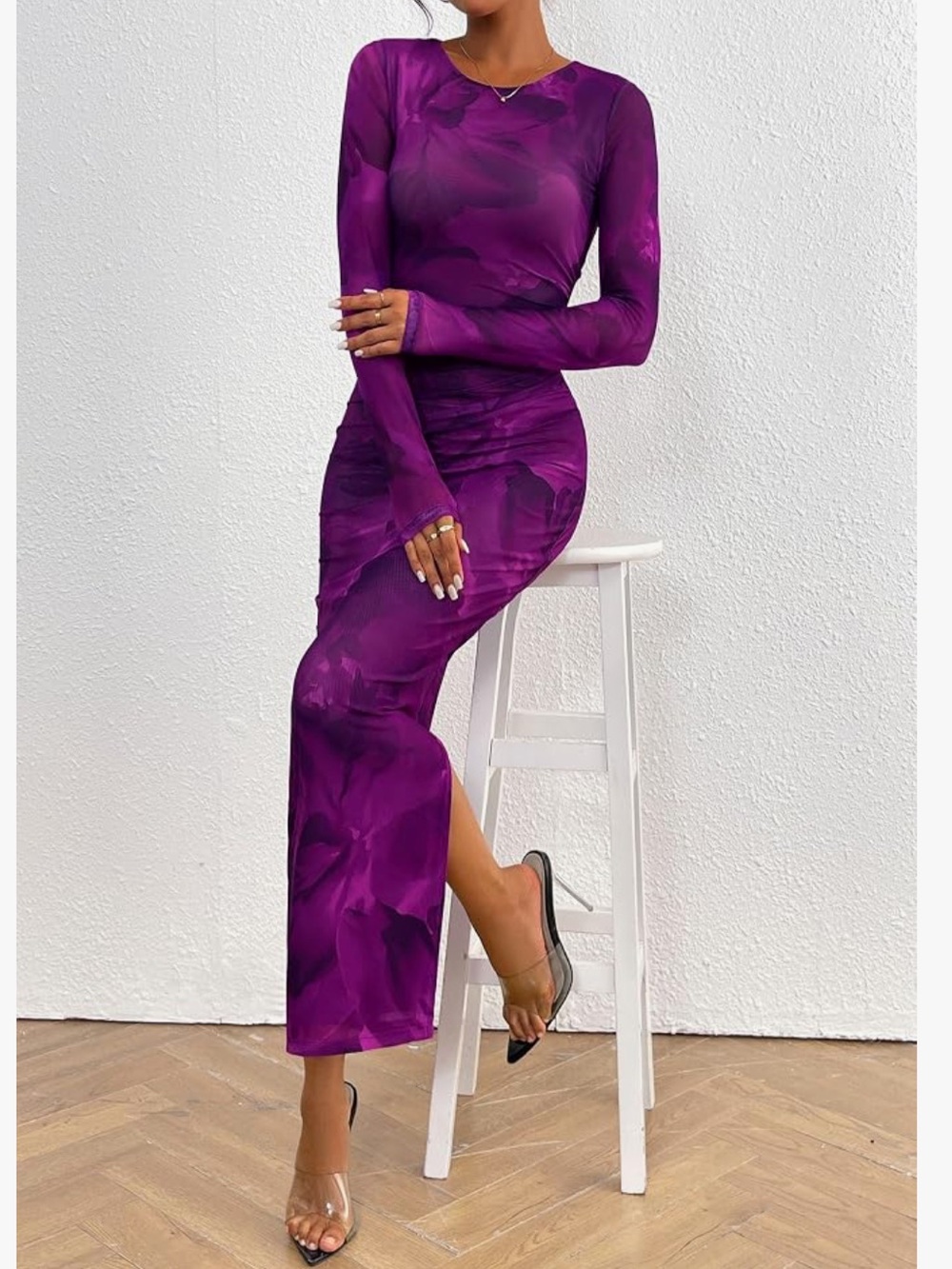 PRETTYGARDEN Sheer Mesh Long Sleeve Ruched Bodycon Maxi Dress - Picture 3 of 13